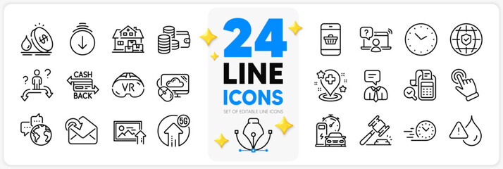 Icons set of Smartphone buying, Cashback card and Online question line icons pack for app with Waterproof, Vr, Receive mail thin outline icon. Auction hammer, Wallet, Bill accounting pictogram. Vector
