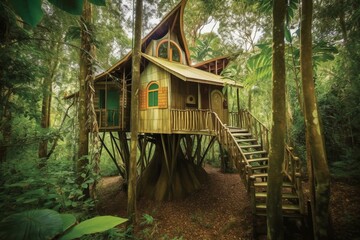 A magical treehouse hidden deep within the enchanting forest. Generative AI