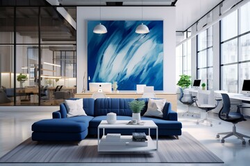 Modern office space with blue accents, couch, and white elements. Generative AI