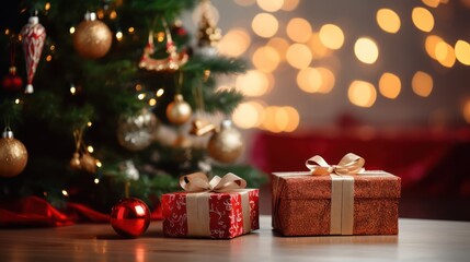 Fototapeta na wymiar Christmastime celebration, Gift box with gold ribbon bow