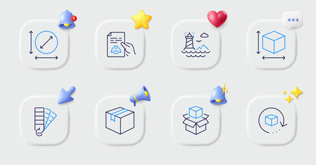 Circle area, Packing boxes and Lighthouse line icons. Buttons with 3d bell, chat speech, cursor. Pack of Box size, Palette, Return package icon. Parcel, Technical documentation pictogram. Vector