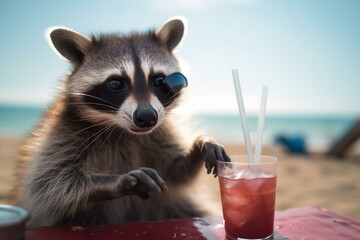 Adorable raccoon enjoying beach vacation sipping cocktail wearing shades. Generative AI - obrazy, fototapety, plakaty