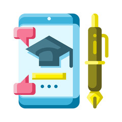 Learning application icon represented by smartphone, graduation cap and pen