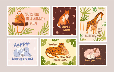 Fototapeta premium Happy Mothers day, card designs set. Cute wild animal families, postcards with moms quotes. Funny monkey, giraffe, leopard parents, jungle mommies with little cubs. Flat graphic vector illustrations