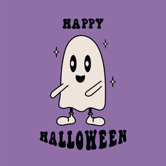 Groovy white sheet ghost. Vintage halloween ghost character. Retro halloween desing. Happy Halloween