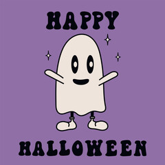 Groovy white sheet ghost. Vintage halloween ghost character. Retro halloween desing. Happy Halloween