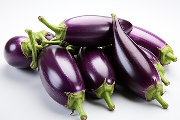 A close-up of vibrant, purple eggplants. isolation white background,Generated with AI