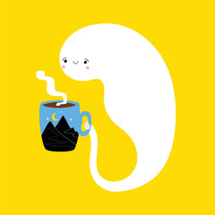 Vector illustration of cute spooky ghost with coffee cup, stars and mountains. Halloween greeting card print, sticker, wall decoration