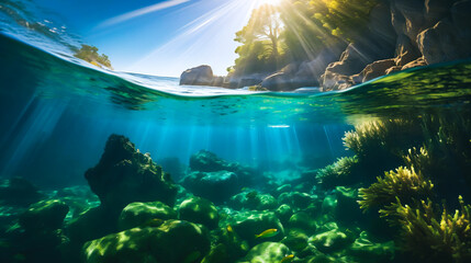 A mesmerizing photograph captures the azure blue ocean with sunlight filtering through the shimmering emerald seaweed, gracefully swaying in the gentle current - obrazy, fototapety, plakaty