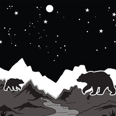 Obraz premium polar bear sow and cub walk on ice floe in norwegian arctic waters and illustrated against sun in distant horizon, wide angle of view 