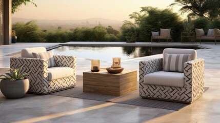 A serene outdoor scene showcasing chevron-patterned outdoor furniture and decor in a tranquil setting. Background image. AI generated
