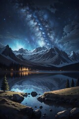 Dark mountain lake landscape with bright night sky and galaxy - obrazy, fototapety, plakaty