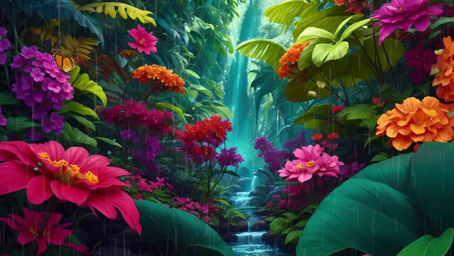 Fantasy tropical flower garden with waterfall,  Cartoon or anime watercolor painting illustration style. seamless looping 4K time-lapse virtual video animation background