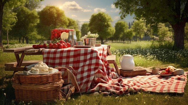 A visually appealing composition showcasing a picnic setup with checkered blankets and baskets in a scenic outdoor location. Background image. AI generated