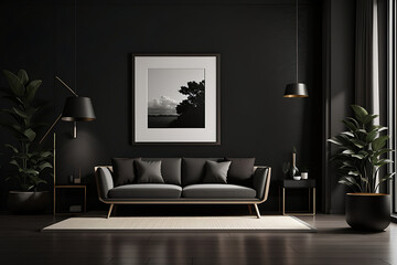 Modern classic black interior with capstone brown leather Chester sofa, floor lamp, coffee table, carpet, wood floor, Mouldings. 3d render interior mockup.