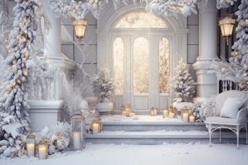 Dreamy White Snowy Christmas Front Door Porch Generative Ai - obrazy, fototapety, plakaty