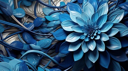 Abstract floral architecture in 3D style, shades of blue. Background image. AI generated
