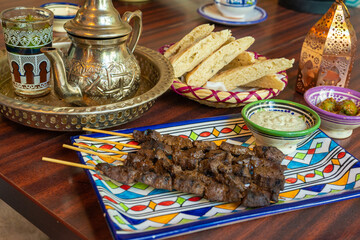 Moroccan Beef Kebab on Skewers, Traditional Arabian Food, Mutton Shashlik, Skewered Grilled Veal...