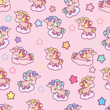 Little horses, unicorns, seamless pattern, vector illustration of a cute cartoon unicorn. Used for girlish surface design, fabric printing, card printing, fashion children's clothing, children's wallp
