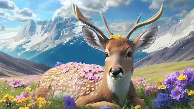 adorable deer with Easter eggs at flower garden in the summer, seamless looping video animated background
