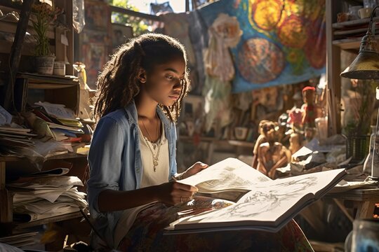 Art Student Immersed in Sketching. Generative AI