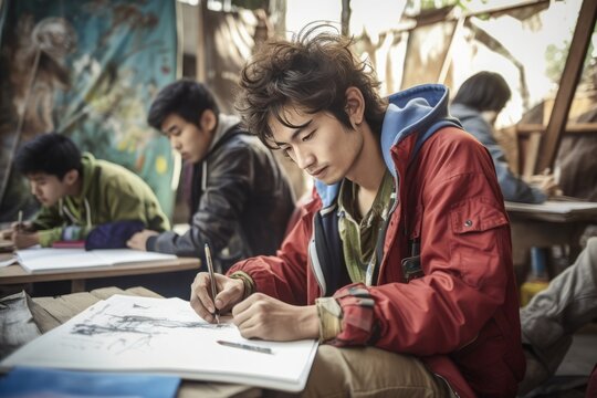 Art Student Immersed in Sketching. Generative AI