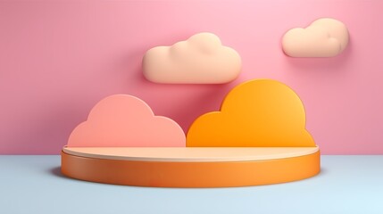 3D rendering podium in child's style with a vibrant background, clouds, and a blank space for a kid or baby product