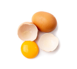 Broken Egg Isolated, Raw Yolk and White, Cracked Brown Shell, Fresh Broken Chicken Eggs on White Background