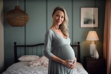 Portrait of a beautiful pregnant woman standing in her bedroom at home - obrazy, fototapety, plakaty
