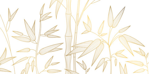 Vector art deco luxury bamboo leaves line pattern, golden background. Hand drawn florals for packaging, social media post, cover, banner, creative post and wall arts. Japanese style - obrazy, fototapety, plakaty