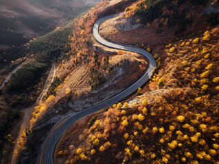 empty asphalted road through a beautiful autumn mountains, view from the air, areal view.