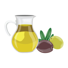 Vector illustration of olive fruits. Green and yellow oil in glass bottle jar in flat style design. Agriculture healthy organic food product from mediterranean. Legendary plant