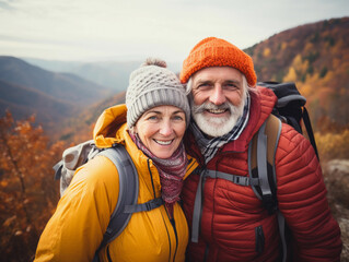 Fototapeta na wymiar Portrait of senior couple hiking at mountains, walking at nature, enjoying active lifestyle, eco tourism.
