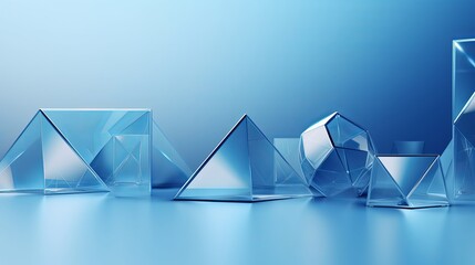 3D geometric shapes on a blue background with a glassmorphism square plate in the middle. - obrazy, fototapety, plakaty