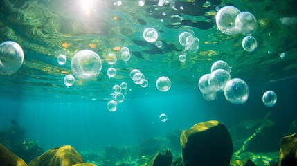 Underwater bokeh and bubbles in the Californian ocean's clear, green water
