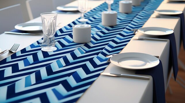 An image featuring chevron-themed event decor, such as table runners and banners, with space for text. Background image. AI generated