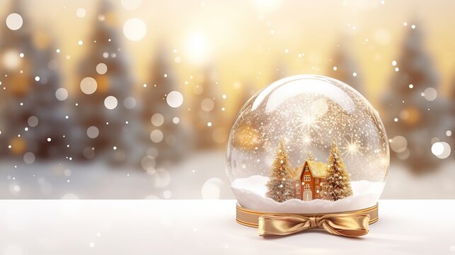 Background of Christmas. Xmas decorations inside a glass ball of snow. holiday tree ornaments a clear ball suspended from a golden ribbon