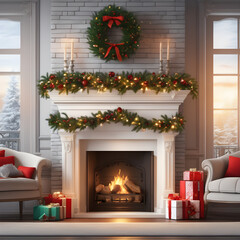 Christmas gift boxes near the burning warm fireplace. New year fir tree with shiny garlands in the...