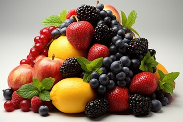 Fototapeta premium A pile of ripe and colorful mixed fruits. isolation white background,Generated with AI