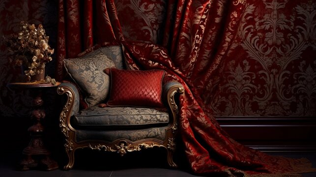 An image highlighting brocade patterns used in home decor accents, such as upholstery and drapes, with space for text. Background image. AI generated