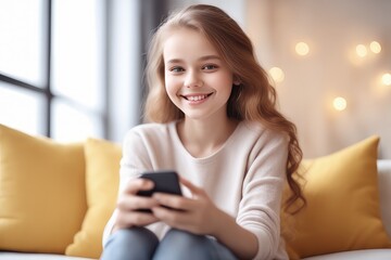 smiling woman sitting on a sofa with a mobile phone