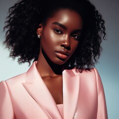 Portrait of an African American female model dressed in trendy clothes in pink colors against soft blurred background. Stylish image of a modern woman. The image of everyday urban clothing.