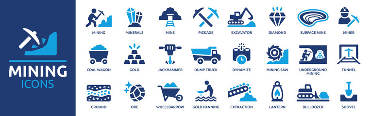Mining icon set. Containing minerals, gold, pickaxe, miner, excavator, diamond, coal wagon, jackhammer and gold panning icons. Solid icon collection. Vector illustration.  - obrazy, fototapety, plakaty