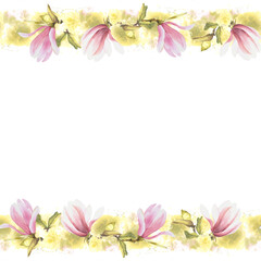 Obraz na płótnie Canvas Floral seamless banner, frame with watercolor pink magnolias flowers, buds, leaves Hand painted on white background illustration. Isolated design for wedding invitations, greeting cards or postcards 