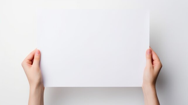 Hand holding blank paper sheet or letter paper.