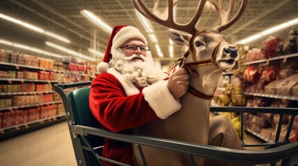 Merry Christmas Shopping: A funny Christmas deer perched on a supermarket trolley during a New Year's sale."