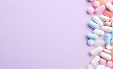 Obraz na płótnie Canvas Pills and capsules on pastel background free copy space