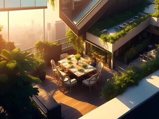 A luxurious rooftop restaurant interior with city skyline view generative AI