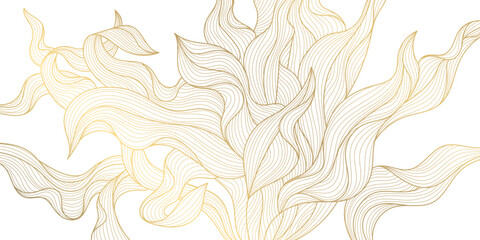 Vector golden leaves, seaweed, algae botanical modern, art deco wavy wallpaper background pattern. Line design for interior design, textile, texture, poster, package, wrappers, gifts. Luxury. - 656321035