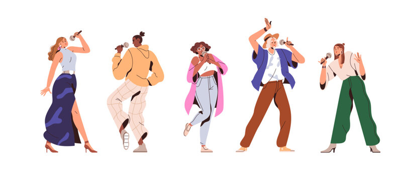 Singing people set. Men, women singers standing with microphones. Vocalists with mics in hands. Characters performing songs. Vocal talents. Flat vector illustrations isolated on white background